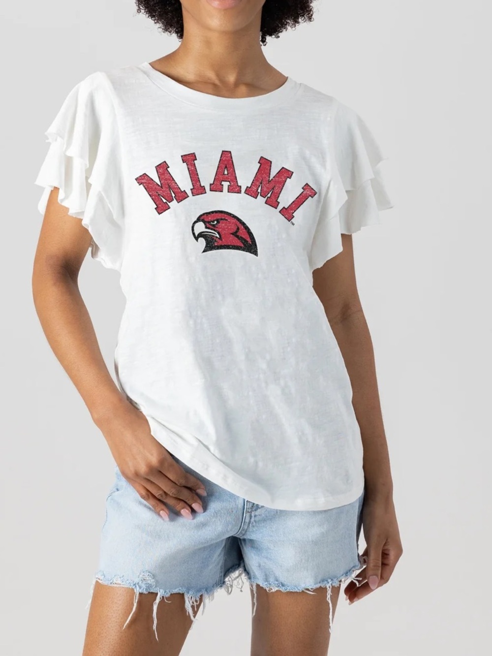 Miami University RedHawks Gameday Couture Arch Logo Flutter Sleeve Shirt Small